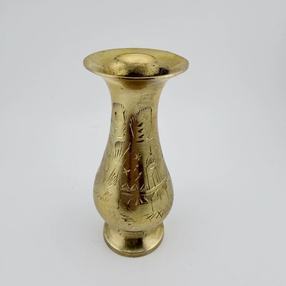 Small Gold Tone Etched Brass Bud Vase Scenic Hand Engraved Decor